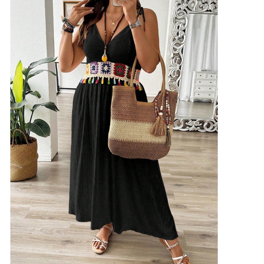 Plus Granny square Crochet Tassel Detail High Waisted Cami Dress - Picture 3 of 7